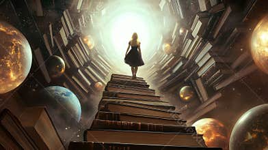 Woman in a tunnel of books leading to glowing light
