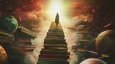 Surreal woman ascending stairs of books to the light