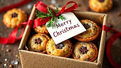 Mince pies in a festive gift box tied with a ribbon, adorned with star anise and rosemary. A cozy