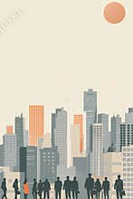 Vertical poster design in flat simple minimalistic style, background with a simple cityscape and