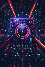 Minimalistic vertical poster design, dark background with neon-colored DJ mixer silhouette, space