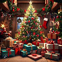 Room filled with presents and a chrismas tree