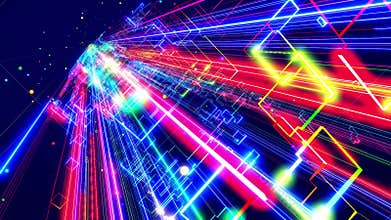 Motion graphic, data flow. Hi tech stream of datum, motion design vj loop. Wireframes of network blocks with neon light