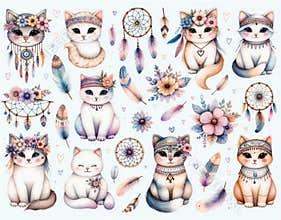 Adorable cats adorned with floral crowns, dreamcatchers, and feathers, capturing a bohemian and whimsical vibe in