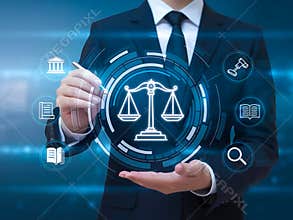 Legal Technology Concept with the Icon of the Scales of Justice in the Hands of Professional Lawyers