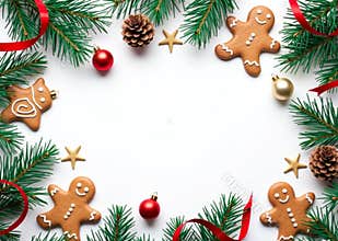 Christmas Frame with Spruce Branch Decorations, Gingerbread Cookies, and Festive Ornaments