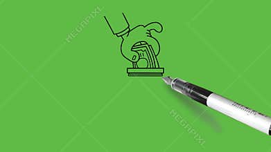 draw human hand wearing shirt with cuff drop money in jar with lid have symbol aids with black outline on green back