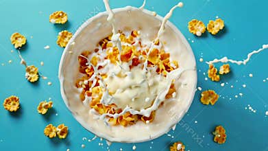 Corn flakes in bowl with milk splash.