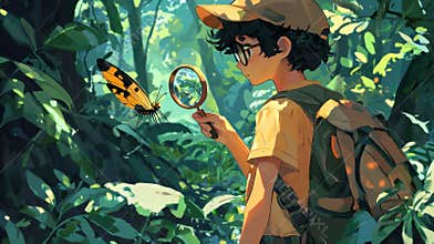 A young boy observes a butterfly through a magnifying glass while hiking in the forest