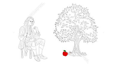 fall red apple tree down. Step down stages, timeline. Weight and mass experiment, Inertia, Gravity, falling apple