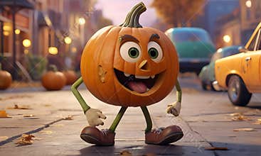 a cartoon pumpkin with arms and legs is walking down a street