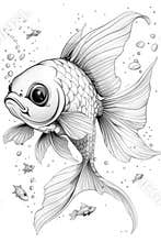 A black and white drawing of a fish, coloring book for kids.