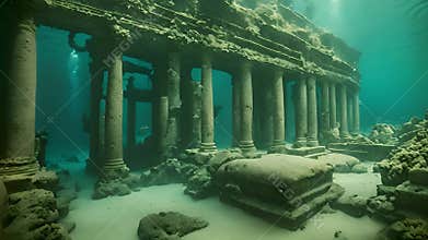 Lost civilization of Atlantis deep in the ocean. Underwater ruins. Magic blue ocean with ancient antique ruins, deep sea