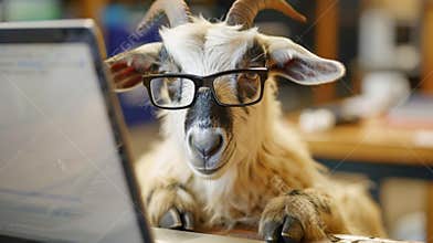 A goat wearing glasses and sitting at a computer desk, AI