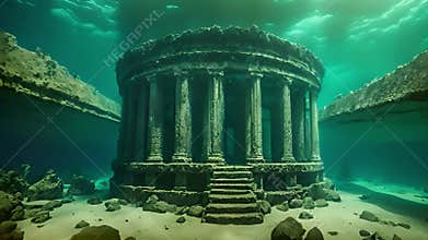 Lost civilization of Atlantis deep in the ocean. Underwater ruins. Magic blue ocean with ancient antique ruins, deep sea