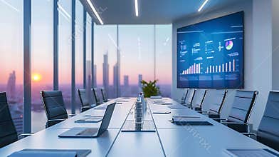 Generative AI Modern Empty Meeting Room with Big Conference Table with Various Documents and Laptop on it. Wall TV