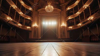 Generative AI Wide shot of an Empty Elegant Classic Theatre with Spotlight Shot from the Stage. Well-lit Opera Hou