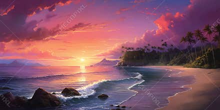 A breathtaking view of a pink-sand beach at sunset