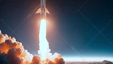 Space modern technology rocket with smoke and blast takes off to the night starry sky.