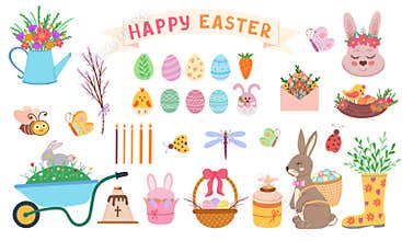 Happy Easter set, rabbit, eggs and flowers. Vector Illustration for printing, backgrounds, covers and packaging. Image