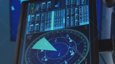 Workplace of the air traffic controllers in the control tower. Team of professional aircraft control officers works