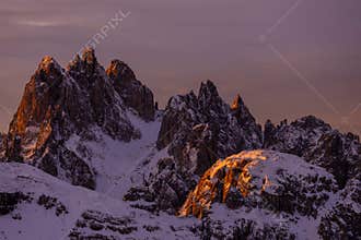 Dolomiti Alps landscape in winter at sunset