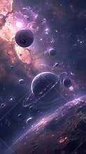 many planets in purple space orbiting a huge star, banner, vertical poster