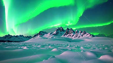 the mesmerizing sight of a green and blue aurora borealis shimmering and dancing above a majestic snowy mountain range, A snow-