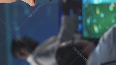 Workplace of the air traffic controllers in the control tower. Team of professional aircraft control officers works