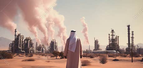 arab man in the desert looking at an oil field