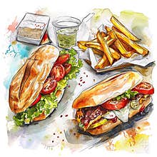 Greek food cartoon style watercolor illustration on white background