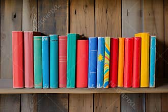 wooden shelf with row of colorful childrens books