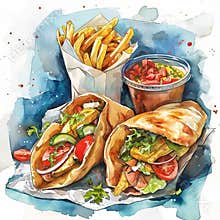 Greek food cartoon style watercolor illustration on white background