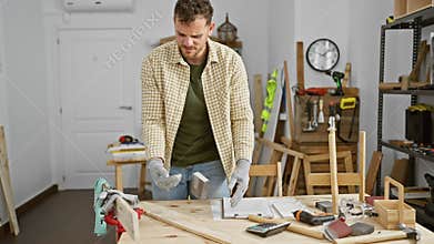 Young man with beard feeling back pain in a carpentry workshop full of tools and wood