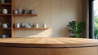 White beautiful round wood tabletop counter on interior in clean and bright kitchen background, banner, copy text