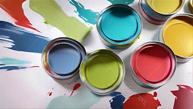 Colorful Paint Cans and Splashes on White Background