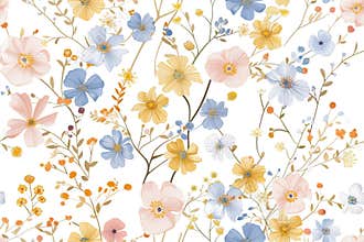 Watercolor floral seamless pattern in vintage rustic style. Print with abstract flowers, leaves, and plants