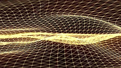 Looped animation of golden wireframe waves smoothly floating on a dark background with soft glow effect