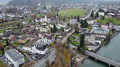 Areal 4k footage for river along with the city at Interlaken, Switzerland