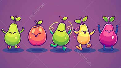 Exercise modern illustration of a cute fruit character. Funny food healthy yoga workout icon set with hula hoop, zen
