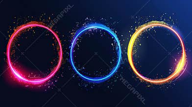 An abstract geometric holographic border with neon circles. Retro futuristic ring design borders with TV color bugs and