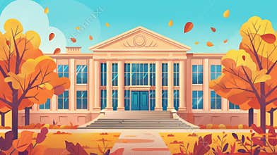 Animated autumn landscape with university campus building exterior and museum, government, court or academy. Modern