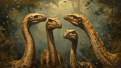 Three baby sauropods nuzzling and playfully nudging each other with their long necks