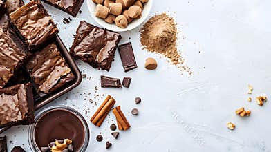 Generative AI Fresh chocolate brownies on white Delicious homemade chocolate dessert pie brownie and ingredients t