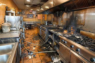 Damaged kitchen after a fire in a diner with burnt equipment