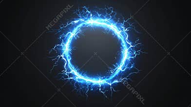 A realistic 3D modern illustration with lightning frames, electric blue thunderbolt borders, magic portals, and energy