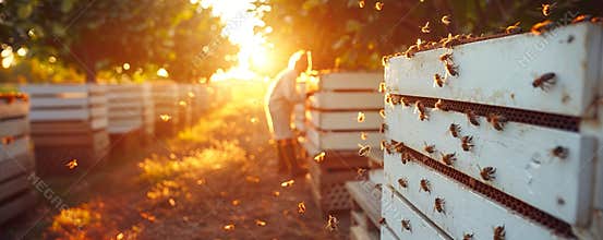 Beekeeper checking beehives at sunset, bees flying around. Warm light filtering through trees, golden hour in orchard