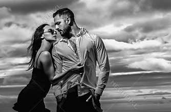Sexy moments of sensual lovers. Romantic couple in love dating. Man embracing woman in the tender passion. Sexy couple
