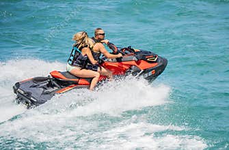 High speed Jet ski , clear water and blue skies. Ocean landscape.