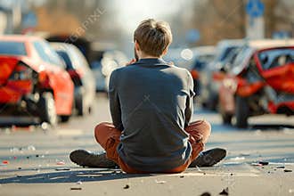 Car crash devastated person crying auto accident insurance cover wreck driver damage health issue emergency situation